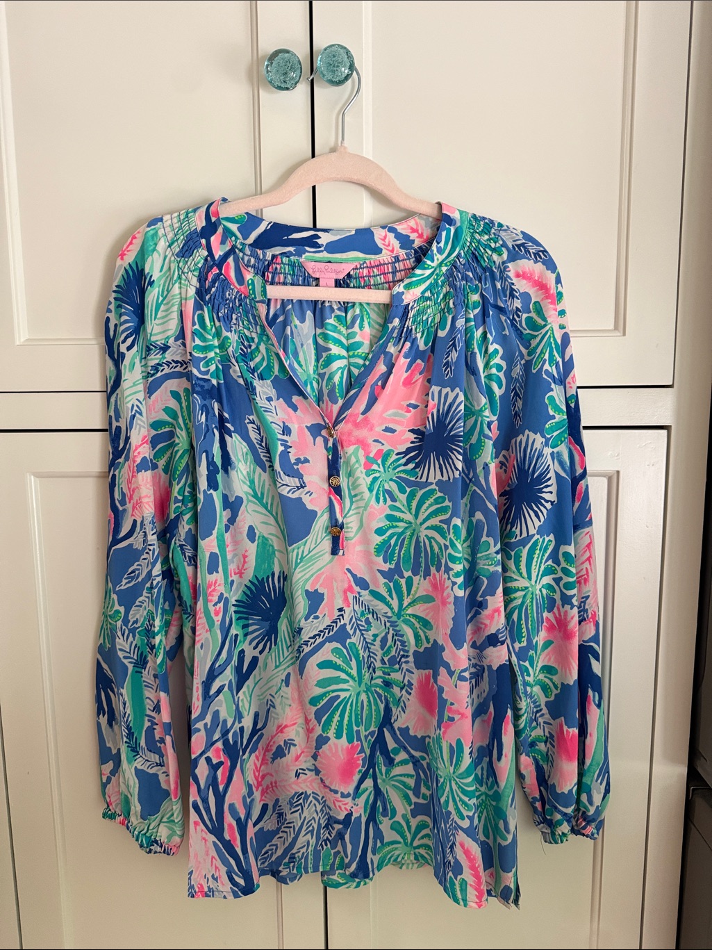 Lilly Pulitzer Blue, Pink & Green Tropical Peasant Top